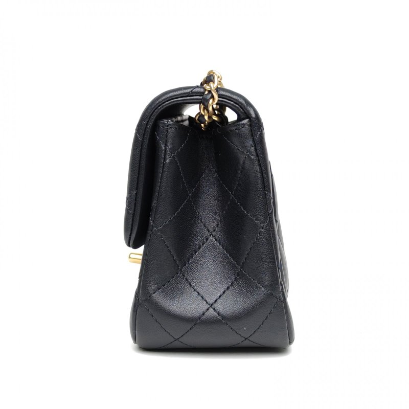 CHANEL CF口蓋包方胖子黑色羊皮晶片金扣新款硬底肩背包-1