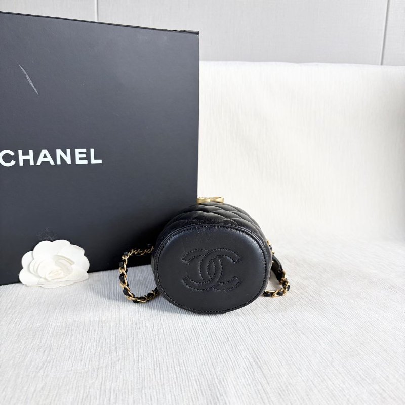 Chanel 手工坊系列復古圓筒包 芯片款 黑色 金扣 黑金 羊皮 10*12*8  99新配件肩帶 塵袋-7