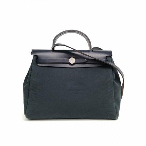 HERMES Herbag31松柏綠拼印度藍拼薑黃色牛皮Y刻銀扣肩背包