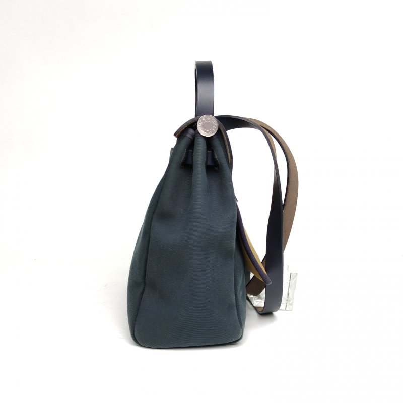 HERMES Herbag31松柏綠拼印度藍拼薑黃色牛皮Y刻銀扣肩背包-1