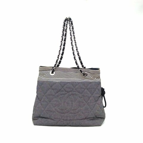 CHANEL 拼色帆布13開銀扣雙C大logotote托特包肩背包