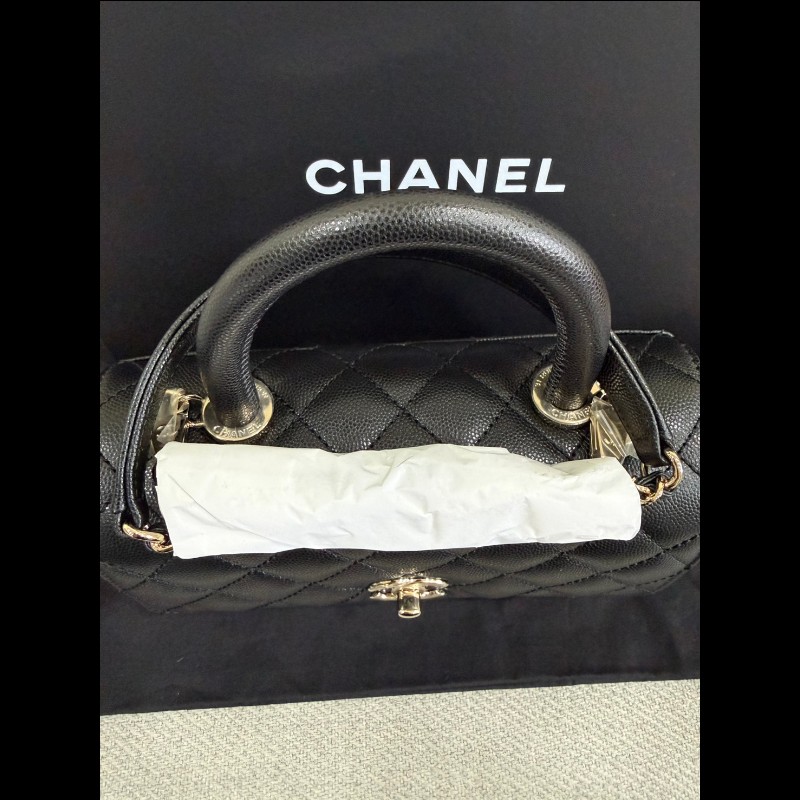 香奈兒coco handle 24黑色荔枝皮淡金鏈-2