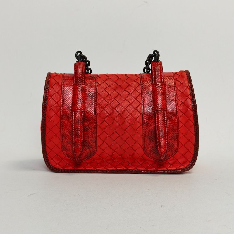 BOTTEGA VENETA 紅色羊皮鎢鋼扣編織拼皮斜跨包肩背包-2