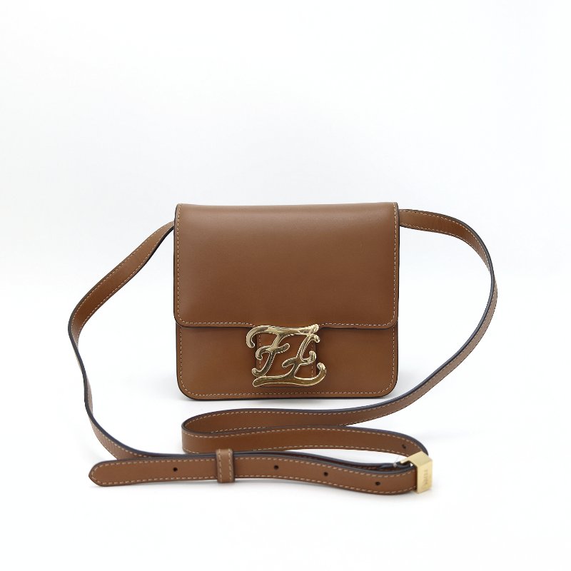 FENDI 棕色金扣mini肩背斜背豆腐包17*15*5 98新配件塵袋-1