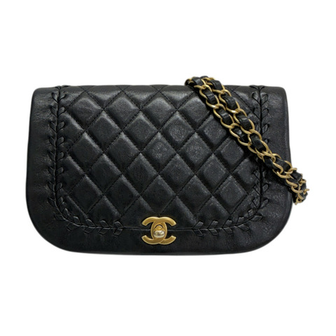 黑色 菱格紋 牛皮 Braided Saddle Flap 肩背包 無卡【CHANEL 香奈兒】