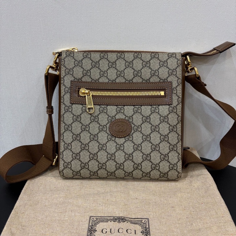 Gucci/古馳 老花復古雙G印花帆布郵差包單肩斜挎包‎-0