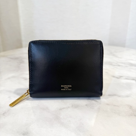 Balenciaga 黑牛皮霧金釦內灰色拉鏈零錢卡包