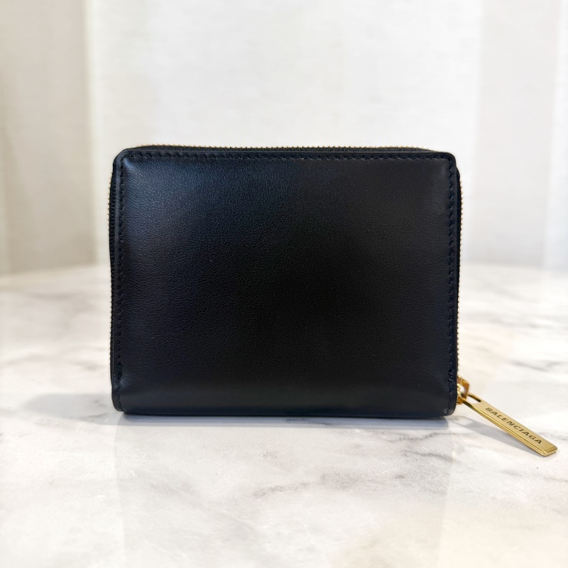Balenciaga 黑牛皮霧金釦內灰色拉鏈零錢卡包-1