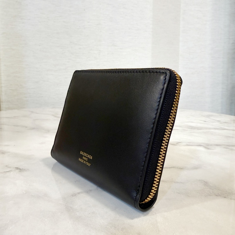 Balenciaga 黑牛皮霧金釦內灰色拉鏈零錢卡包-2