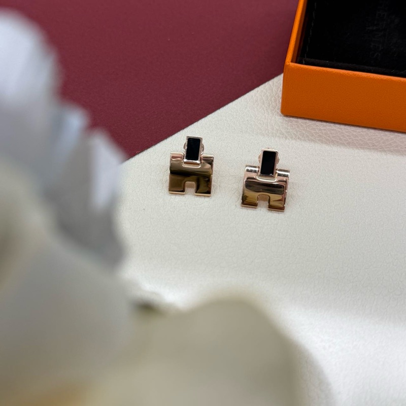 愛馬仕HERMES Eileen黑色琺瑯H扣方塊合金耳釘玫瑰金色-1