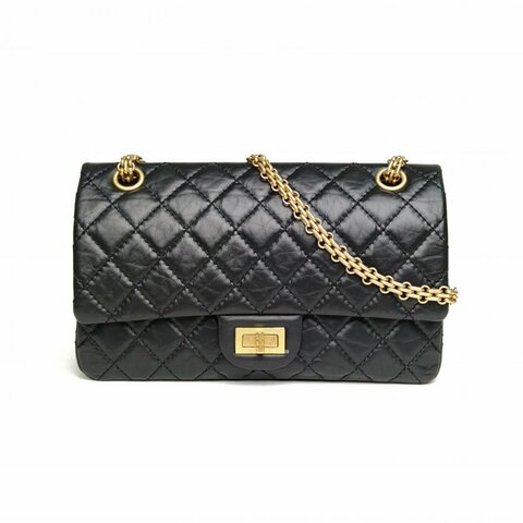CHANEL 2.55口蓋包小號24黑色牛皮晶片金扣肩背包