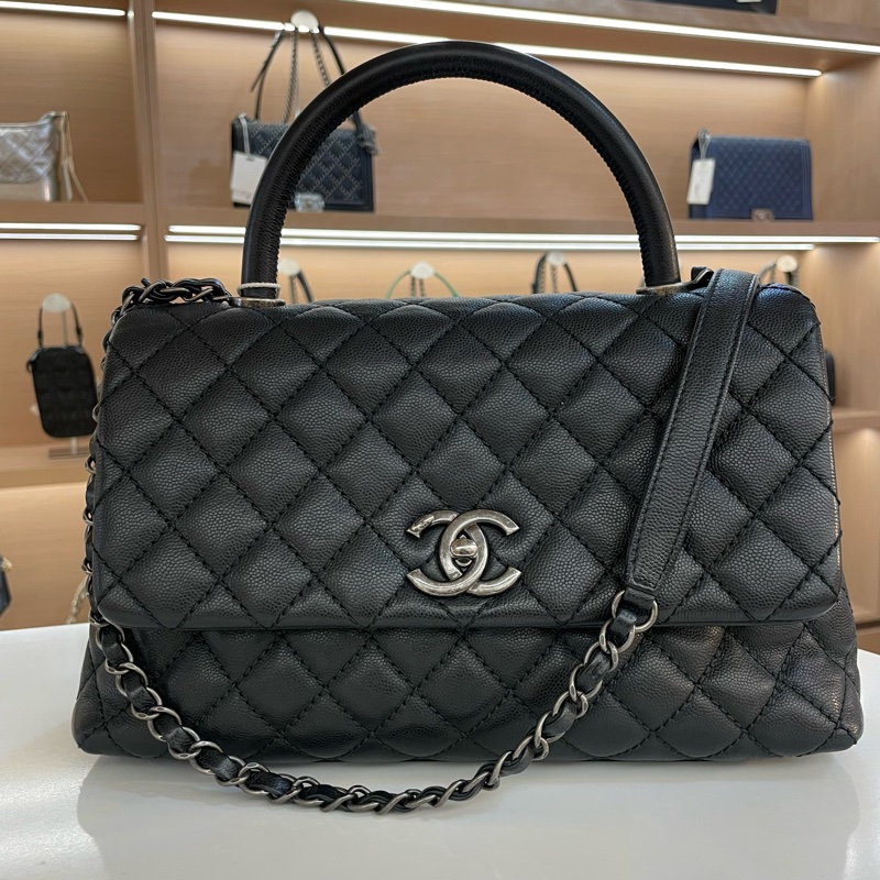 CHANEL+香奈儿黑色菱格纹牛皮银扣手提单肩斜挎包  有塵袋 無盒子 尺寸底长30*高18cm-0