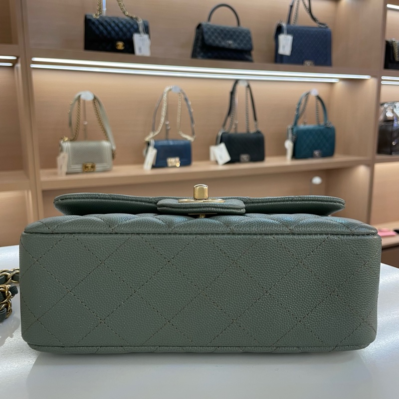 chanel经典荔枝皮大mini 25开 有保卡塵袋 無盒子 古巴绿金扣 尺寸 底長20*高12cm-4