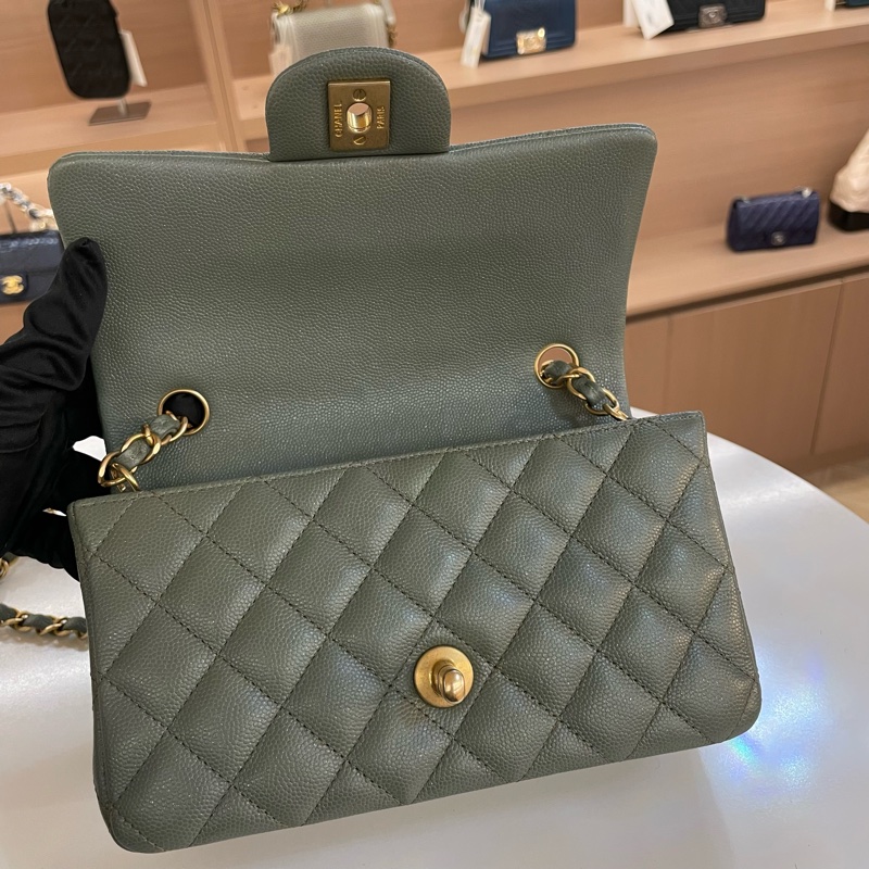 chanel经典荔枝皮大mini 25开 有保卡塵袋 無盒子 古巴绿金扣 尺寸 底長20*高12cm-5