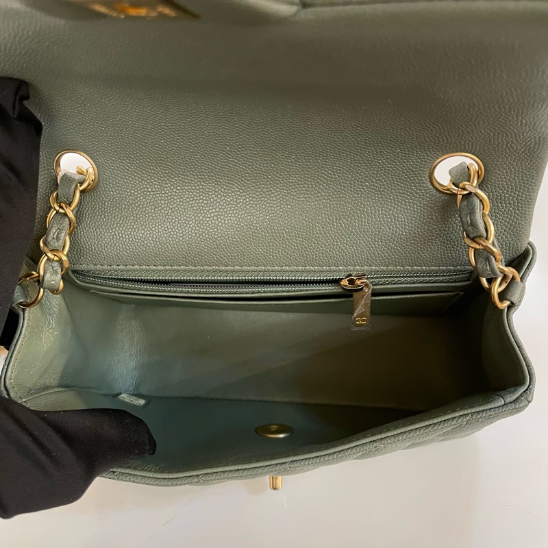 chanel经典荔枝皮大mini 25开 有保卡塵袋 無盒子 古巴绿金扣 尺寸 底長20*高12cm-7