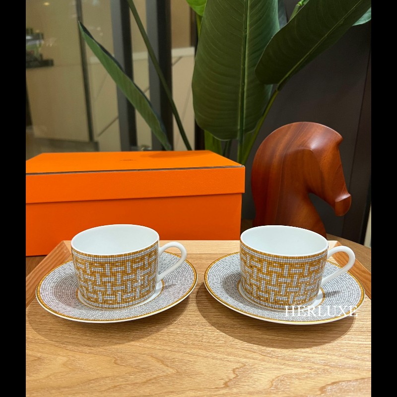 全新 Mosaique au 24 茶杯碟套裝 金色 金馬賽克杯組 一組兩入-2