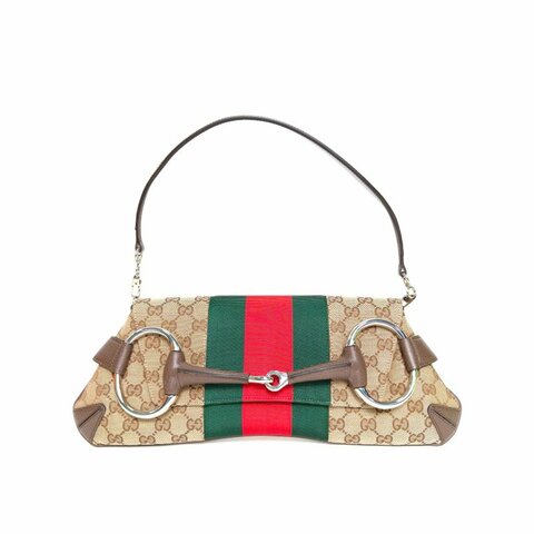 GUCCI 烏木色帆布銀扣23秋冬馬銜扣腋下包肩背包