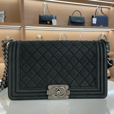 Chanel 黑银荔枝纹 磨砂 Leboy 中號 黑银 单肩斜挎包 18开 無卡 有塵袋 無盒子 尺寸 底長25*高15cm