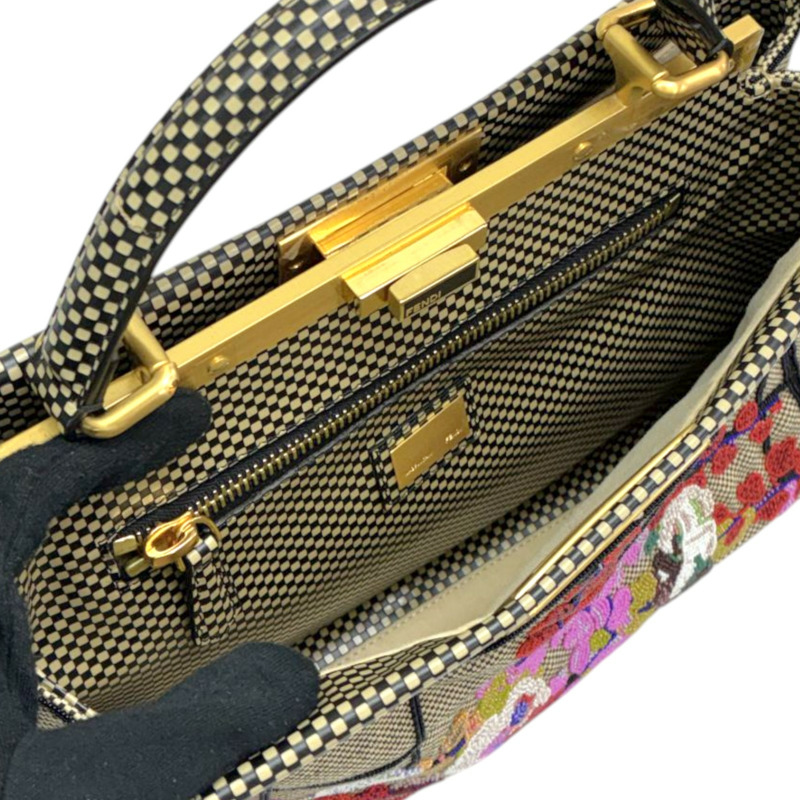棕色 帆布 花卉珠飾 Peekaboo 兩用包【FENDI 芬迪】 8BN226-2
