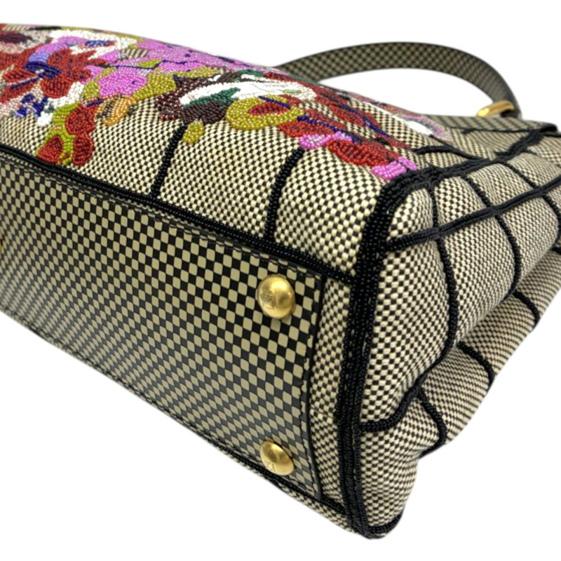 棕色 帆布 花卉珠飾 Peekaboo 兩用包【FENDI 芬迪】 8BN226-13