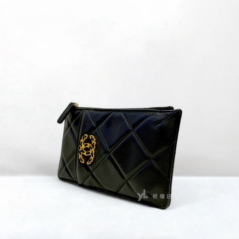 S5039-CHANEL 19黑羊皮一字拉鍊卡夾包AP1182-2