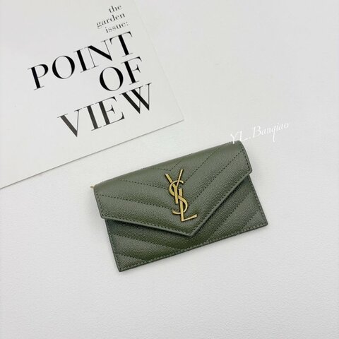 S4542-YSL 橄欖綠荔枝牛皮拉鍊扁式卡片包