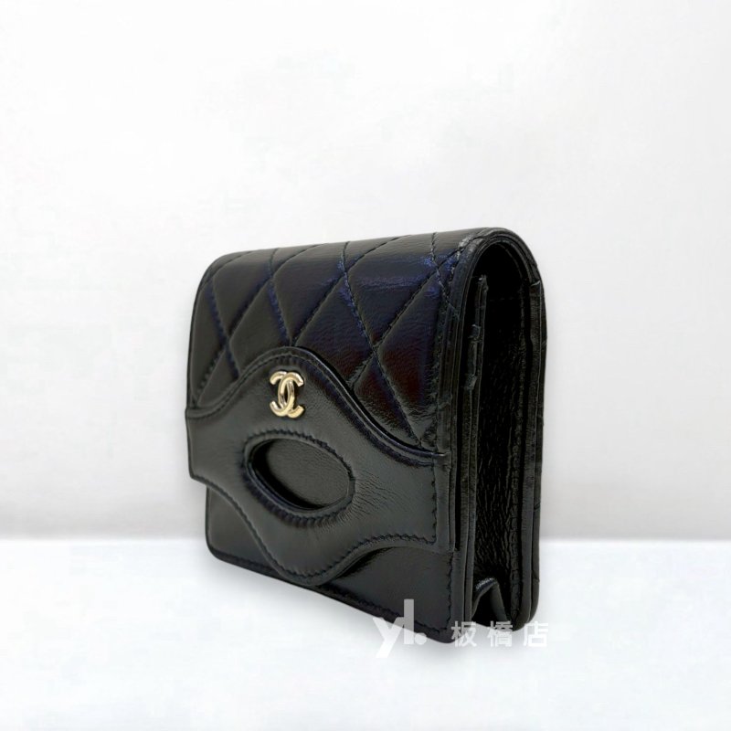 S5034-CHANEL 31黑油蠟牛皮淡金釦卡夾零錢包 AP3654-1