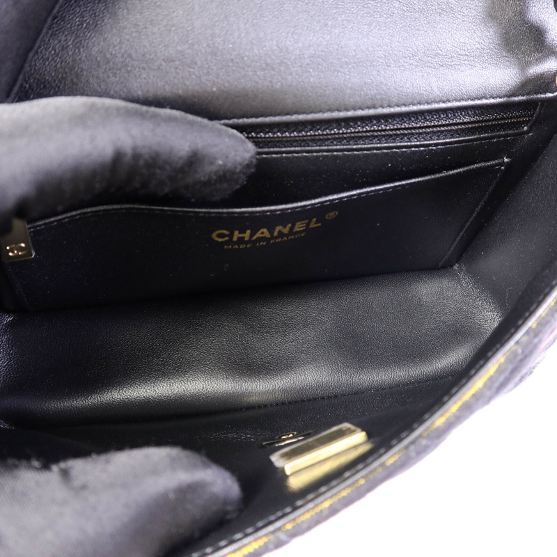 CHANEL 布料Jersey Logo Mini Stripe鏈帶肩背袋-4