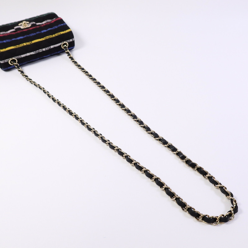 CHANEL 布料Jersey Logo Mini Stripe鏈帶肩背袋-8