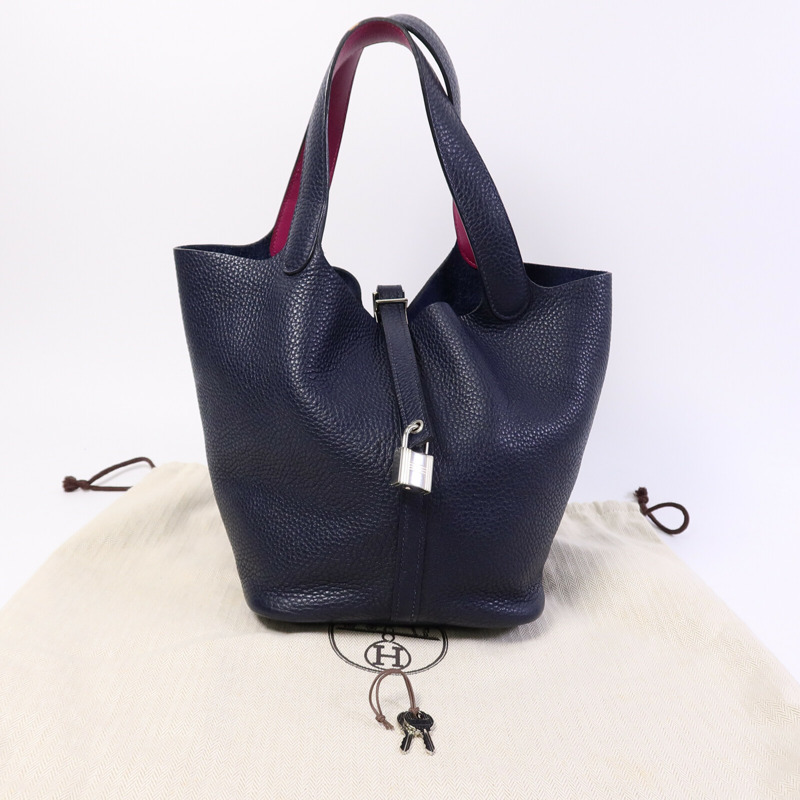 HERMES Clemence皮革Picotin MM扣手挽袋Bleu Nuit-9