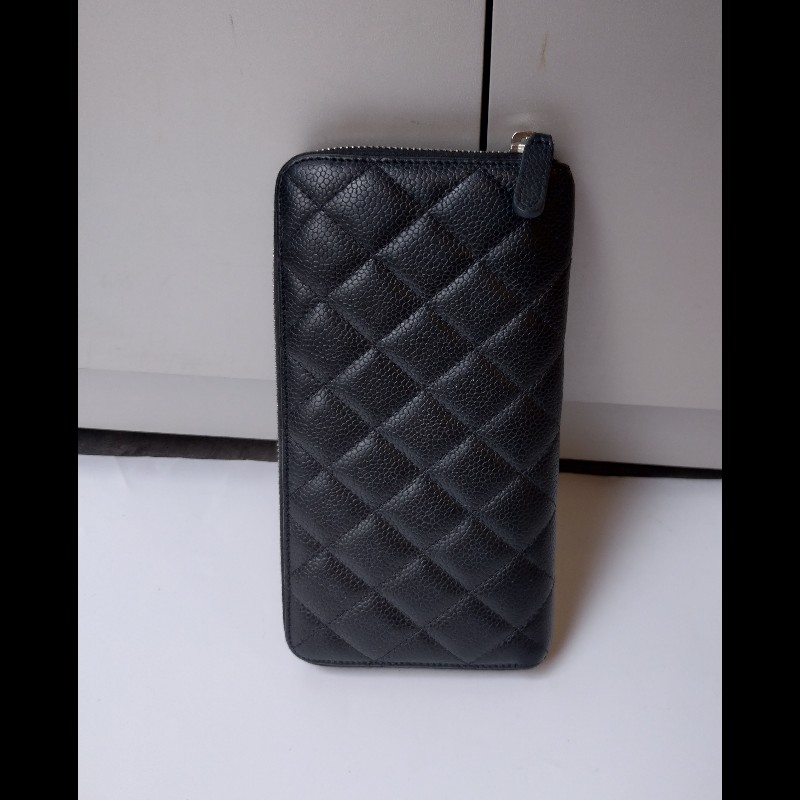 Chanel 黑荔枝皮菱格拉鍊長夾-1