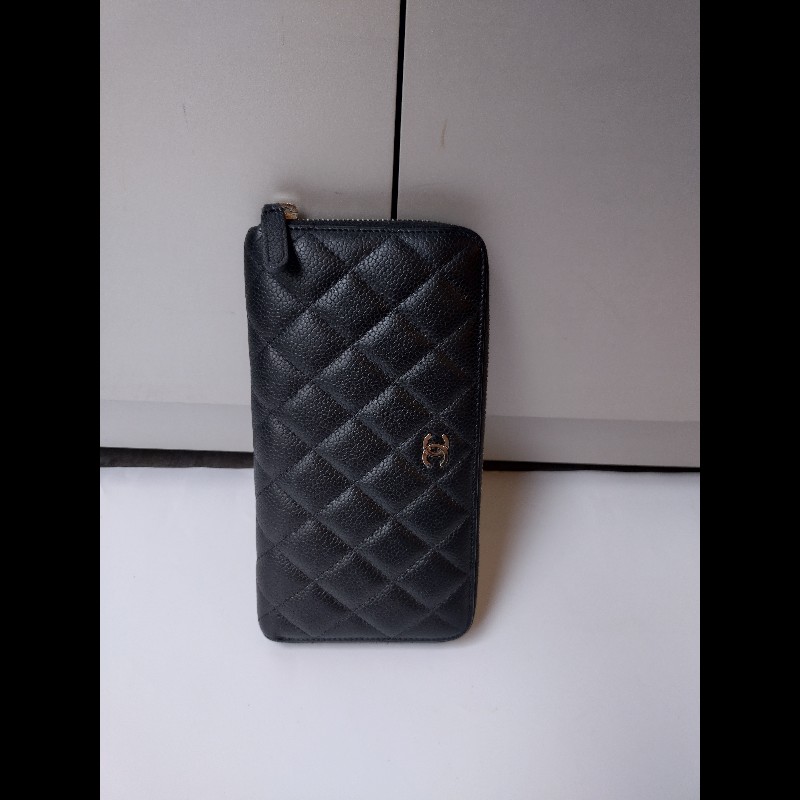 Chanel 黑荔枝皮菱格拉鍊長夾-2