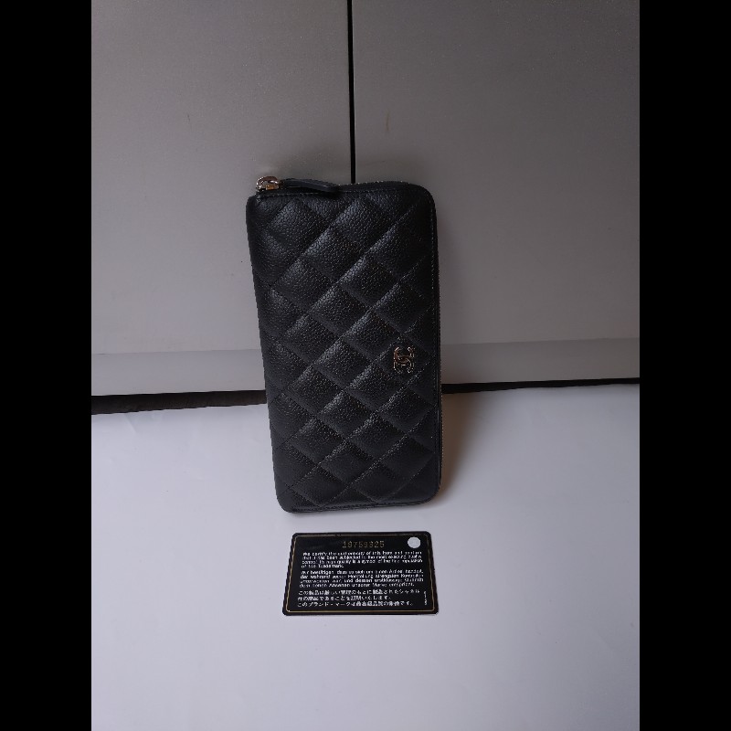 Chanel 黑荔枝皮菱格拉鍊長夾-3