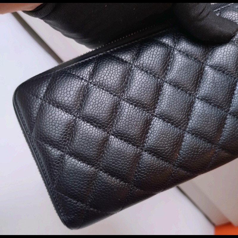 Chanel 黑荔枝皮菱格拉鍊長夾-5