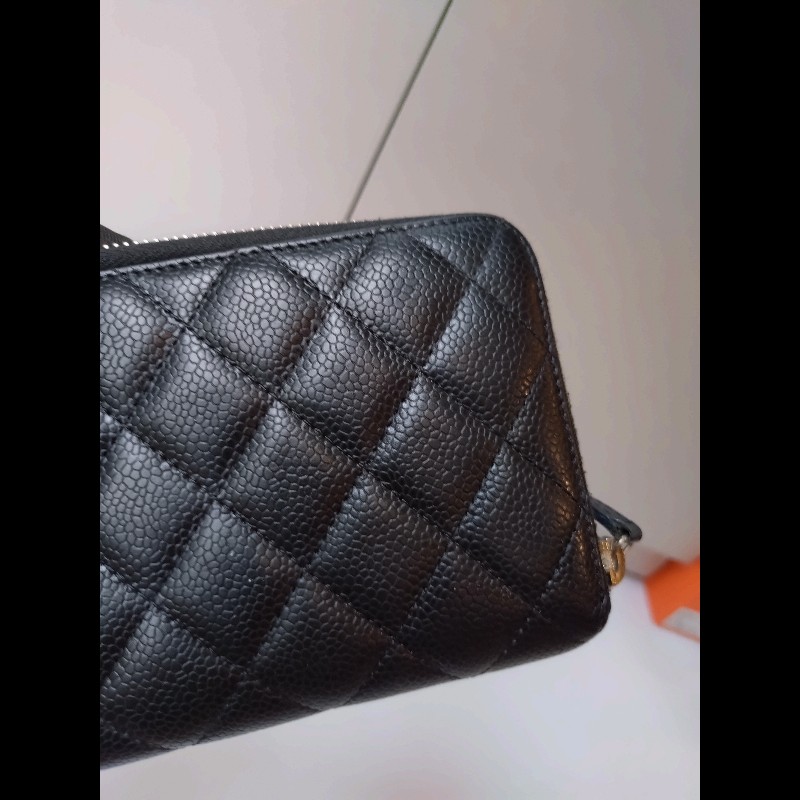 Chanel 黑荔枝皮菱格拉鍊長夾-7