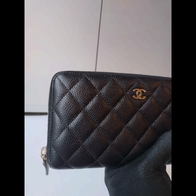 Chanel 黑荔枝皮菱格拉鍊長夾-8