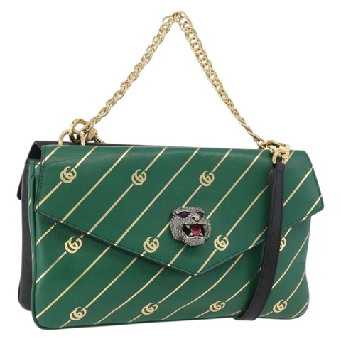 GUCCI 貓咪雙面單肩背包，皮革材質，綠色/金色，貨號 524822，正品 mr2360V