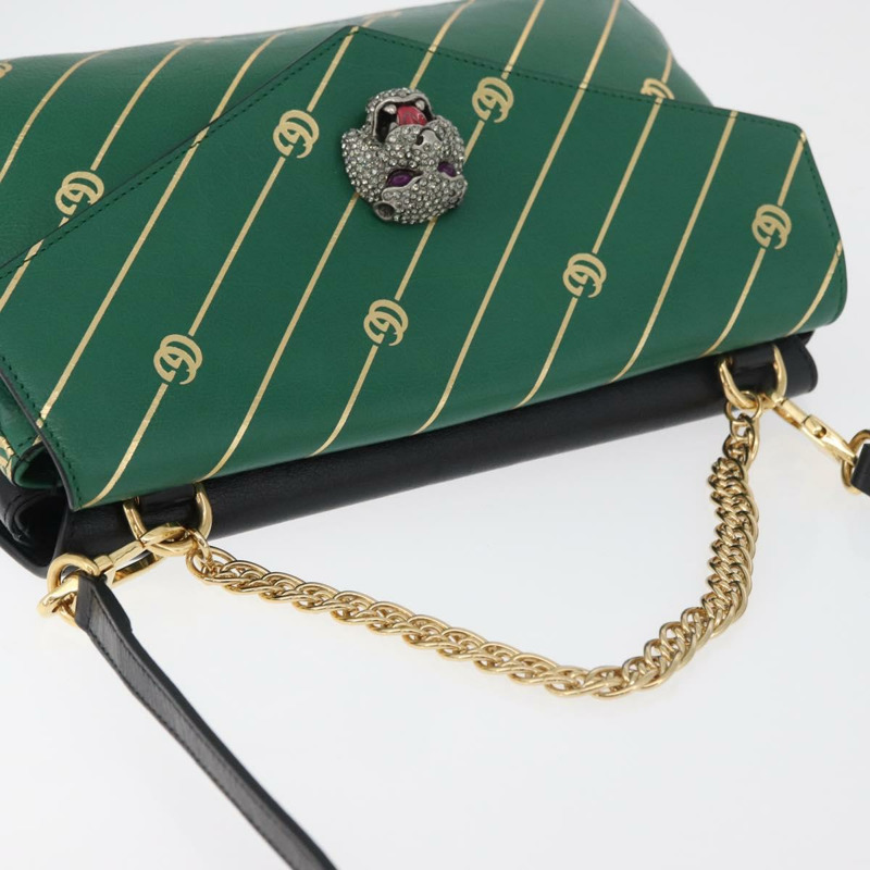 【日本直送】GUCCI 貓咪雙面單肩背包，皮革材質，綠色/金色，貨號 524822，正品 mr2360V-5