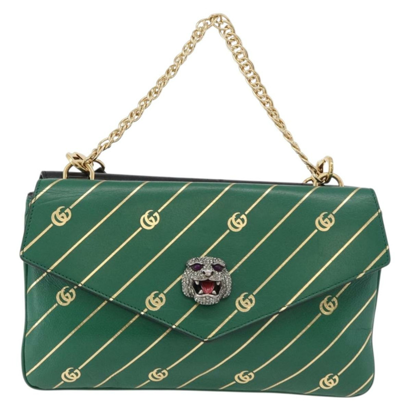 【日本直送】GUCCI 貓咪雙面單肩背包，皮革材質，綠色/金色，貨號 524822，正品 mr2360V-12