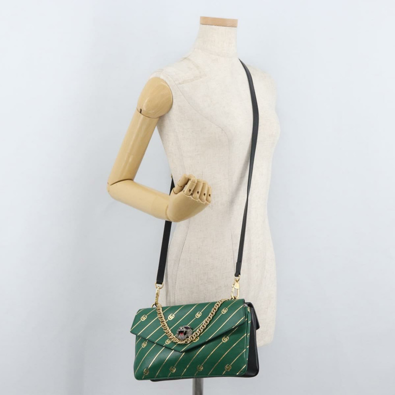 【日本直送】GUCCI 貓咪雙面單肩背包，皮革材質，綠色/金色，貨號 524822，正品 mr2360V-29