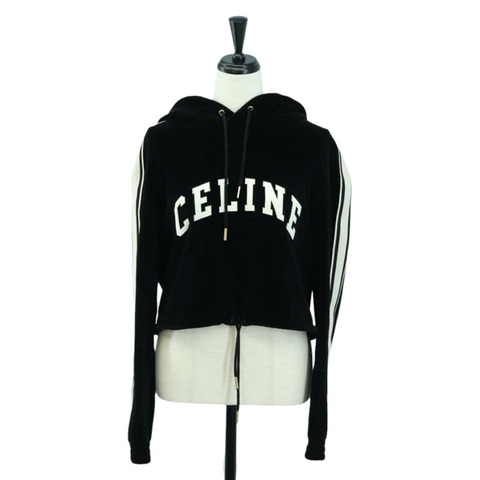 CELINE 黑色絲絨短版連帽衫 正品 176793M