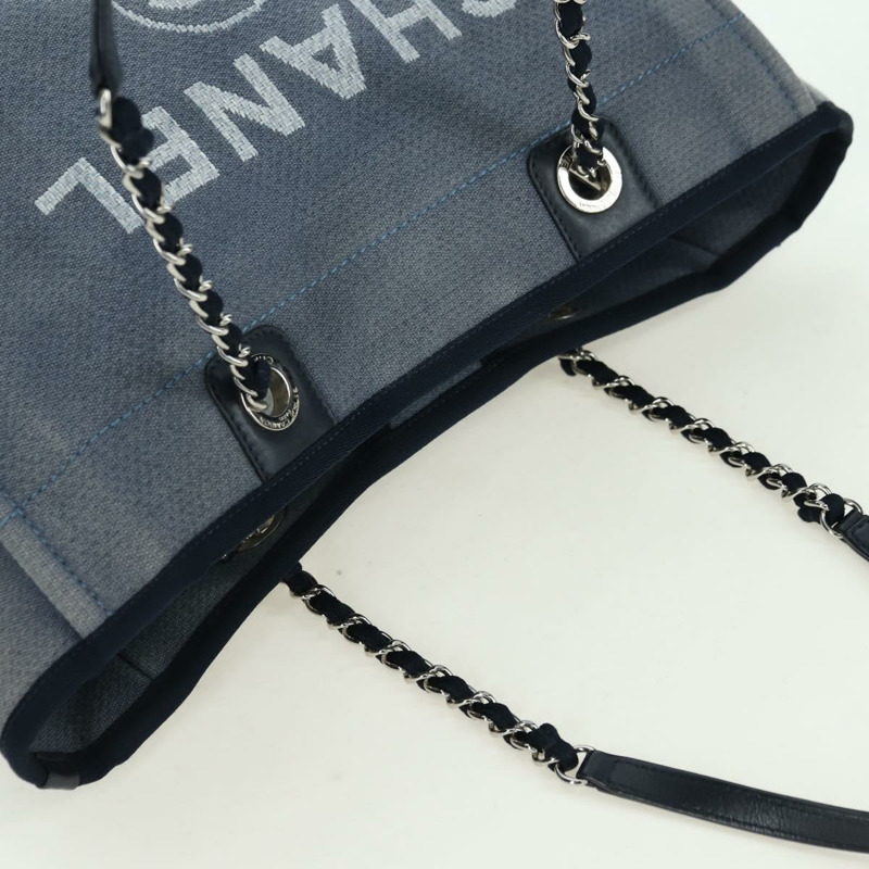 【日本直送】香奈兒 Deauville 系列鏈條手提包 帆布 藍色 銀色 CC 標誌 Auth 175125V-5