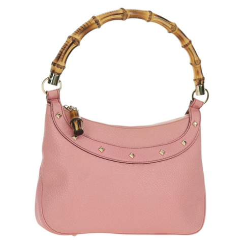 GUCCI 竹節鉚釘單肩包 皮革 粉金 137378 Auth am11450V