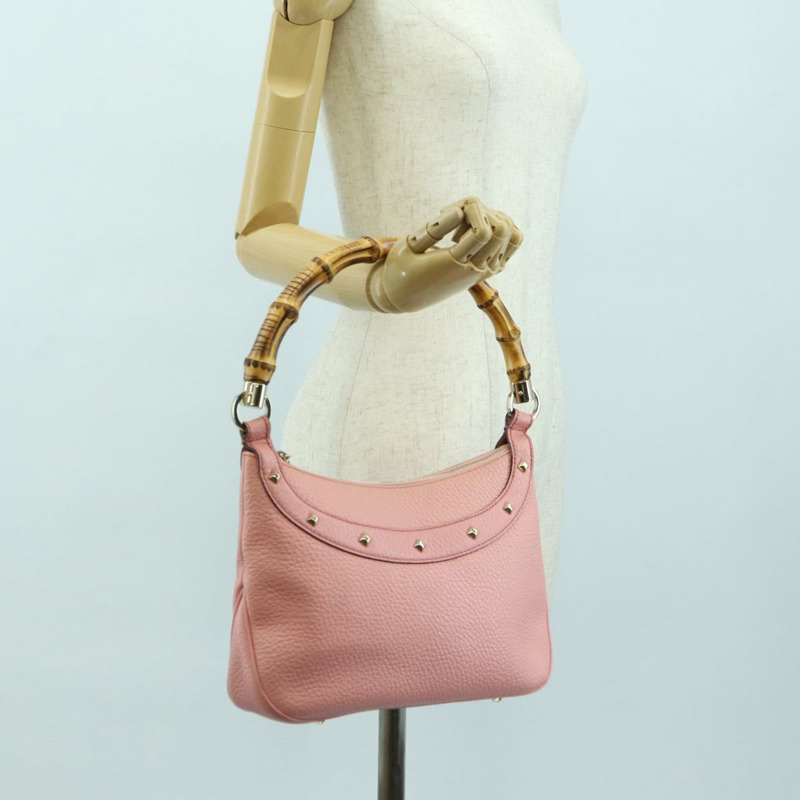 【日本直送】GUCCI 竹節鉚釘單肩包 皮革 粉金 137378 Auth am11450V-24