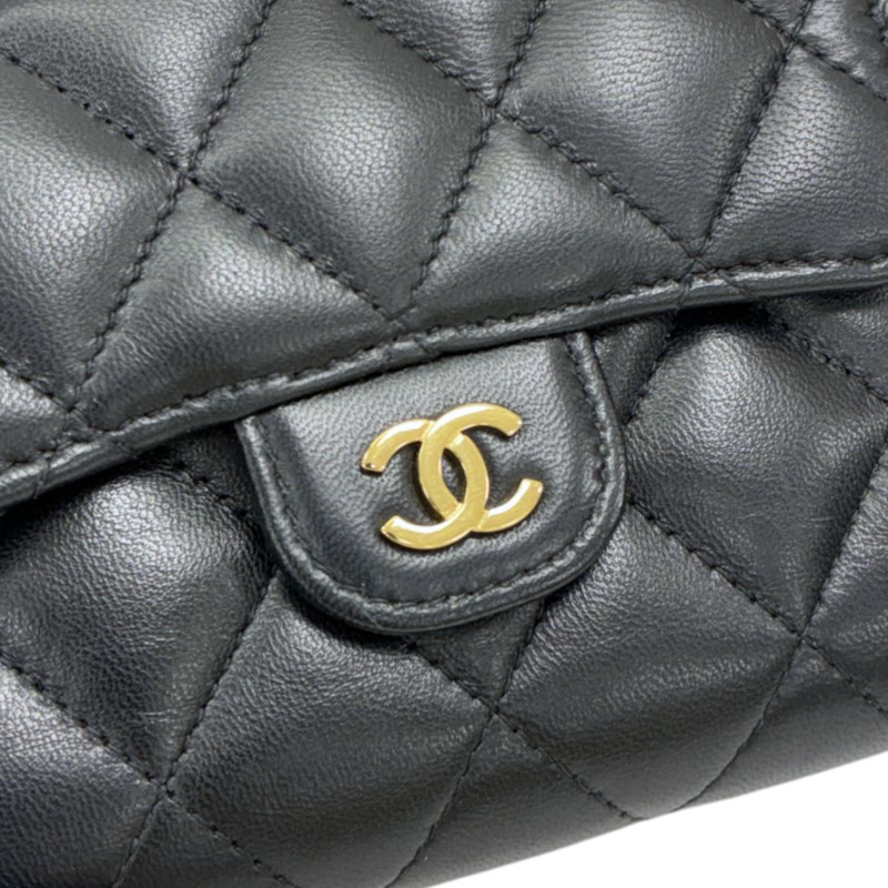 黑色 菱格紋 羊皮 三折短夾 金扣【CHANEL 香奈兒】 AP0231-8