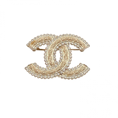 CHANEL 22K金屬交織紋路雙C鑲邊胸針合金/水鑽