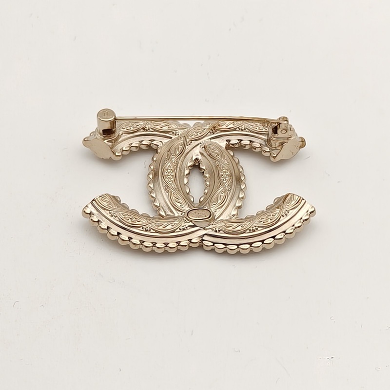 CHANEL 22K金屬交織紋路雙C鑲邊胸針合金/水鑽-3