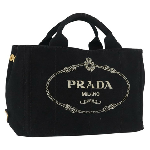 PRADA Canapa PM 手袋 帆布 黑色 金色 正品 175050SAM