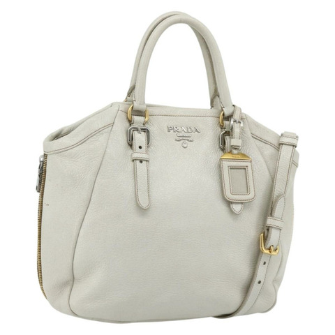 PRADA 手提包 皮革 兩用 白色 金 銀色 正品 175061A