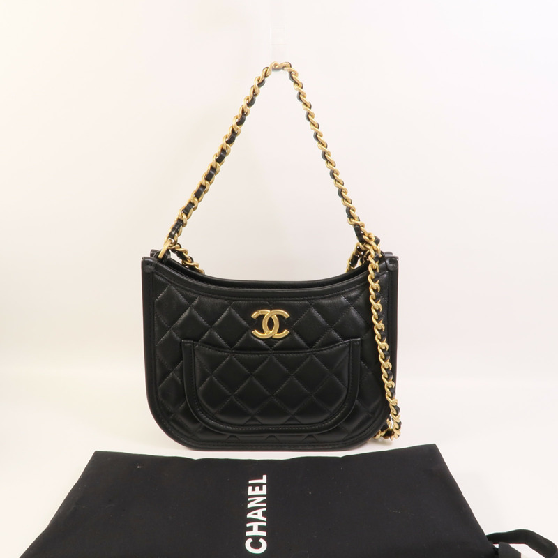 CHANEL 牛皮皮革Hobo鏈帶肩背袋-8